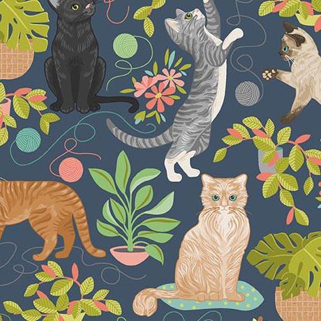 Qt Fabrics, Curious Kittycats, 2600-31870-B, Dk Blue,