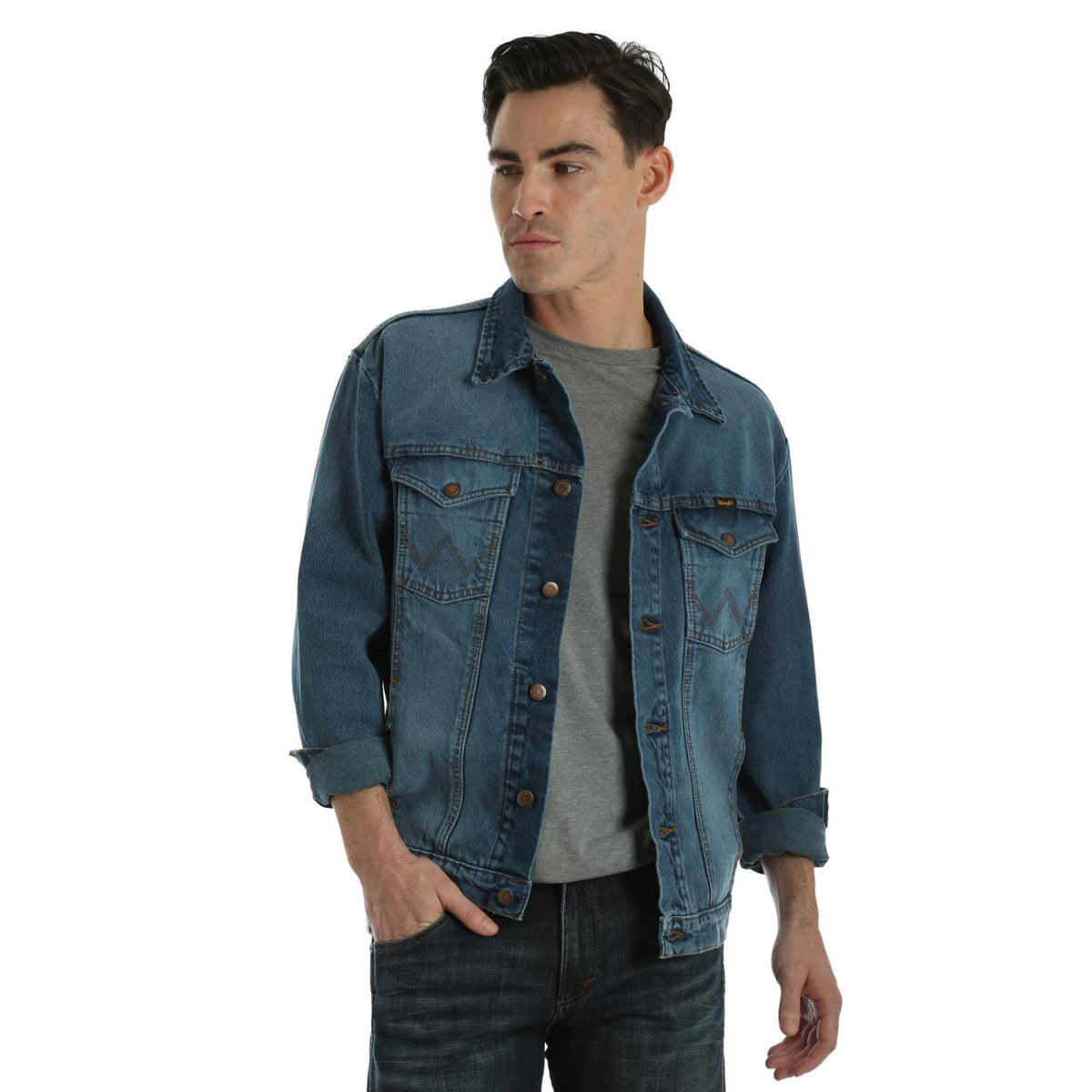 VTG WRANGLER REAR FELT LOGO 4 POCKET DENIM WESTERN JACKET COWBOY RODEO S 38”