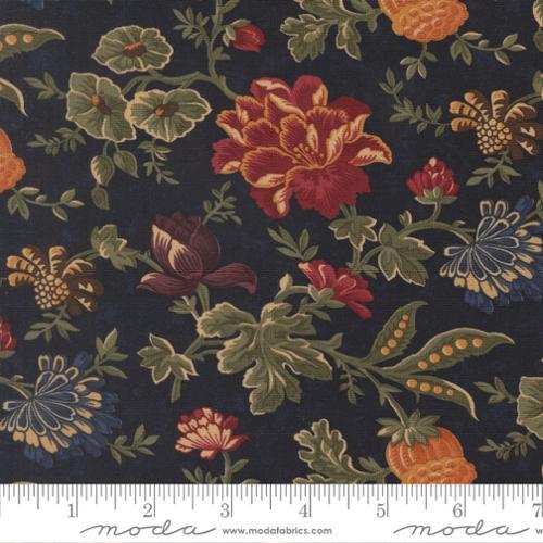 Moda, Quail Run, 9830 14, Indigo, Flowers, Greenery