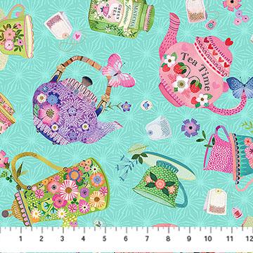 Northcott My Cup Of Tea, DP29271-64, Lt Teal/Multi,
